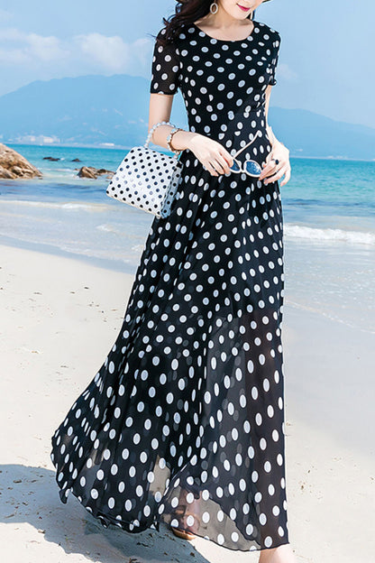 Black and White Polka Dot Chiffon Maxi Dress - Flowy, Short Sleeve HY0030