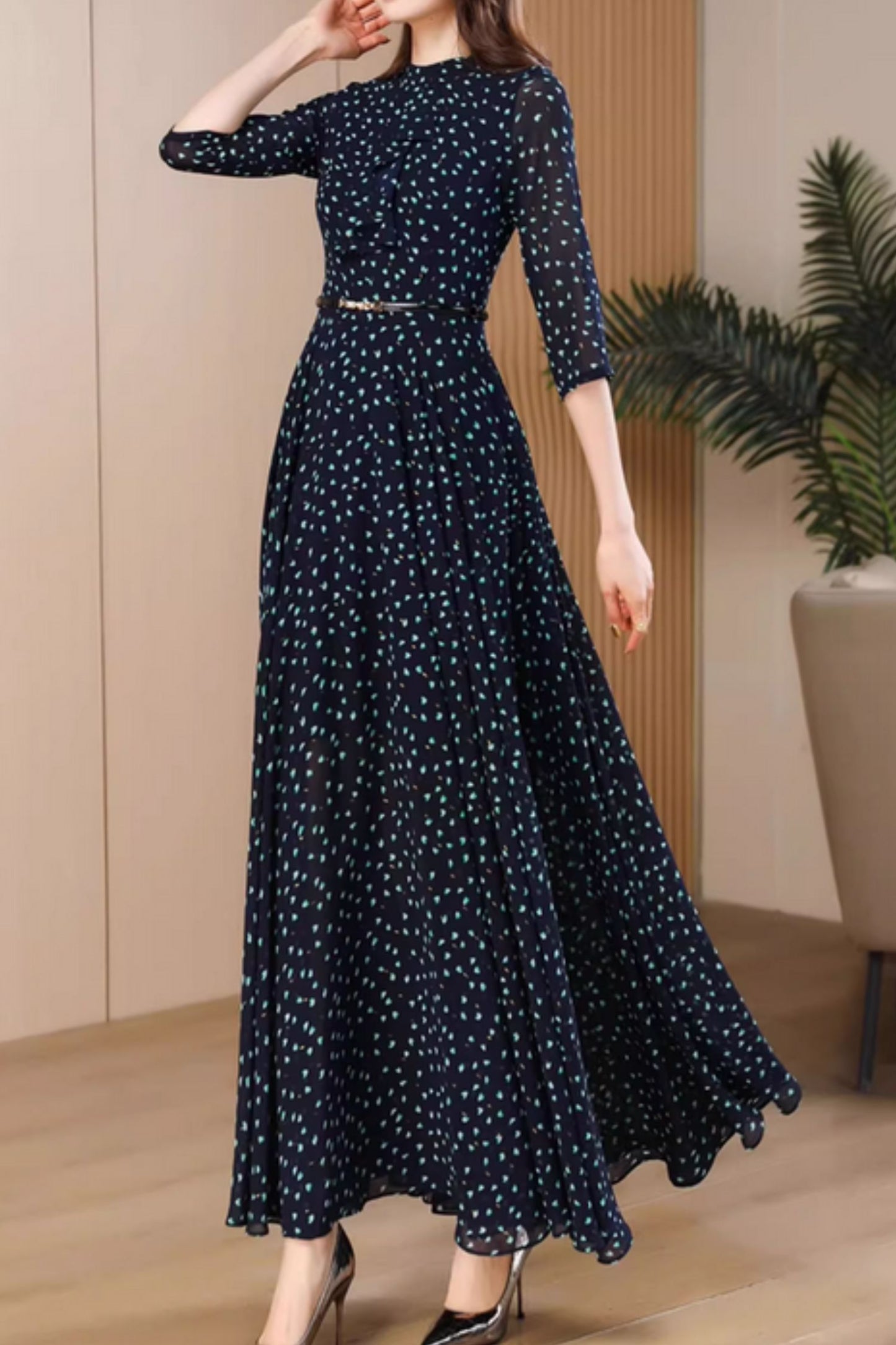 Maxi polka dot swing summer chiffon dress 5060