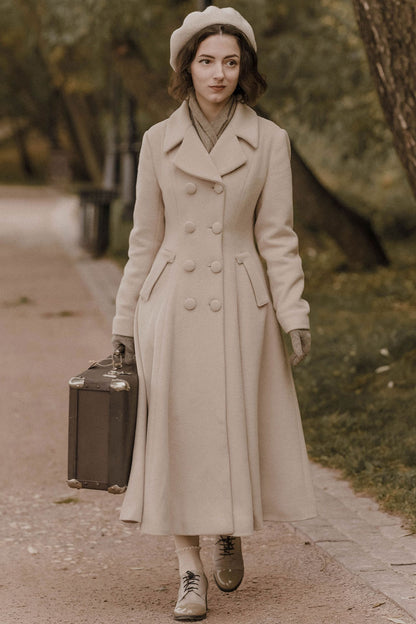 Vintage Beige Wool Coat – Double-Breasted Fit and Flare Winter Overcoat for Women 3228