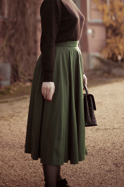 Green Wool Midi Skirt - High Waist, Flowing Silhouette 4738