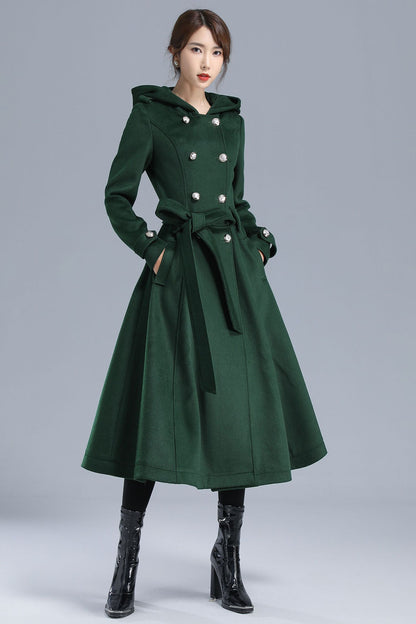 Emerald Green Wool Trench Coat - Hooded, Double Breasted, Mid-Calf Length 3212