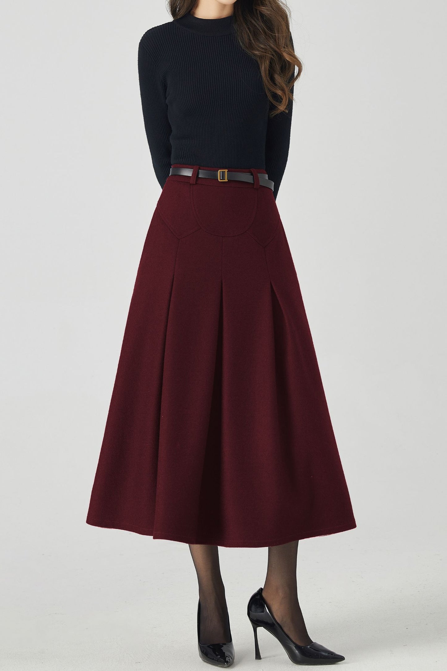 Burgundy Wool Midi Skirt – Vintage High Waist A-Line Winter Skirt with Pockets 6332
