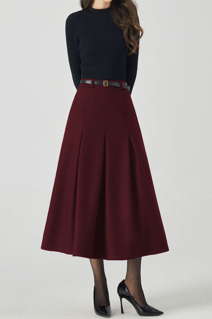 Burgundy Wool Midi Skirt – Vintage High Waist A-Line Winter Skirt with Pockets 6332
