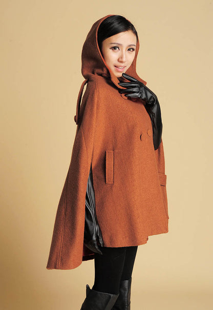 Vintage Wool Blend Cape – Brown Hooded Poncho Coat with Pockets | Xiaolizi 0390
