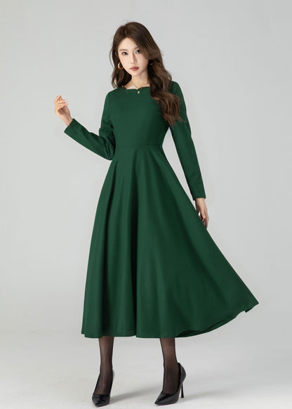 Green Wool Midi Dress - Fit and Flare with Wave Neckline 5429