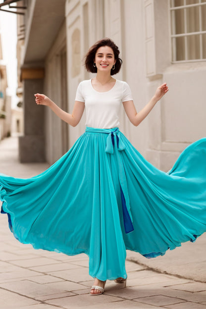 Blue Chiffon Maxi Circle Skirt - Elastic Waist Big Swing | Xiaolizi 5170