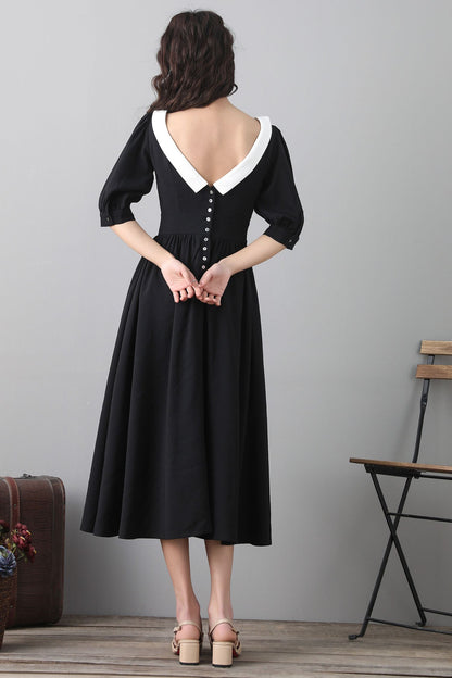 Black Cotton Linen Midi Dress - Vintage Inspired A-Line Swing 2559