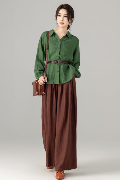 Green Linen Blouse - Loose Fit Vintage Collar Long Sleeve | Xiaolizi 5698