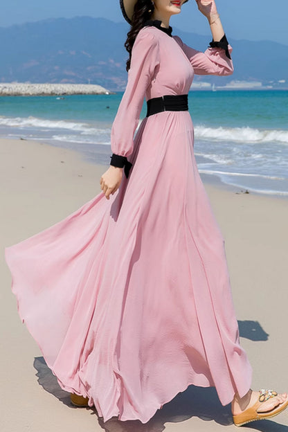 Pink Chiffon Maxi Dress - Fit Waist, Swing Silhouette 5166