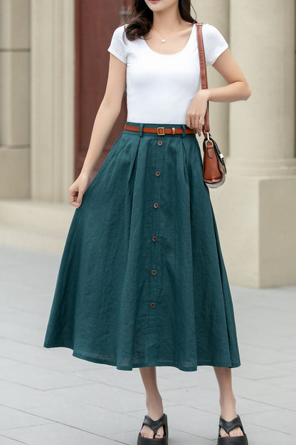 Dark Green Linen Midi Skirt - A-Line with Button Detail 4970