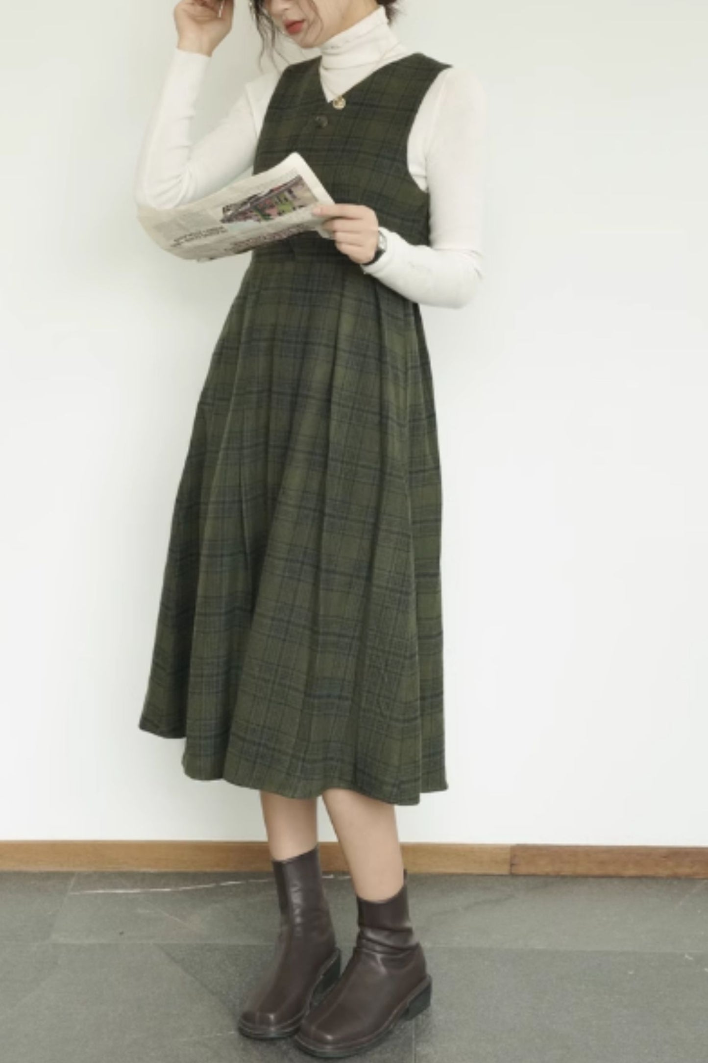 Sleeveless plaid autumn wool dress women 5414