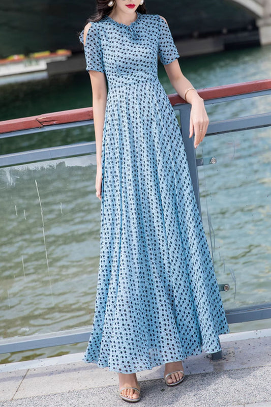 Blue polka dot long chiffon prom dresses 5026