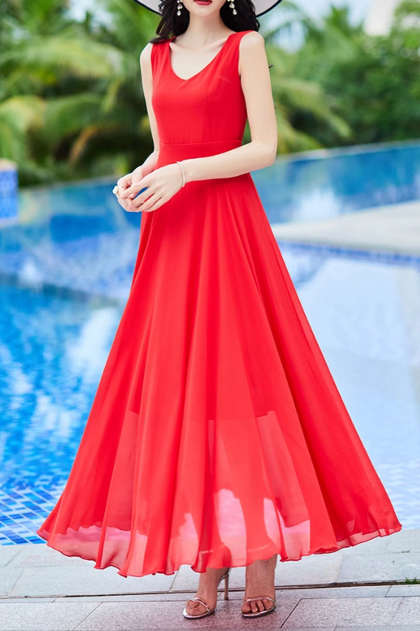 Red maxi chiffon prom dresses women 4985