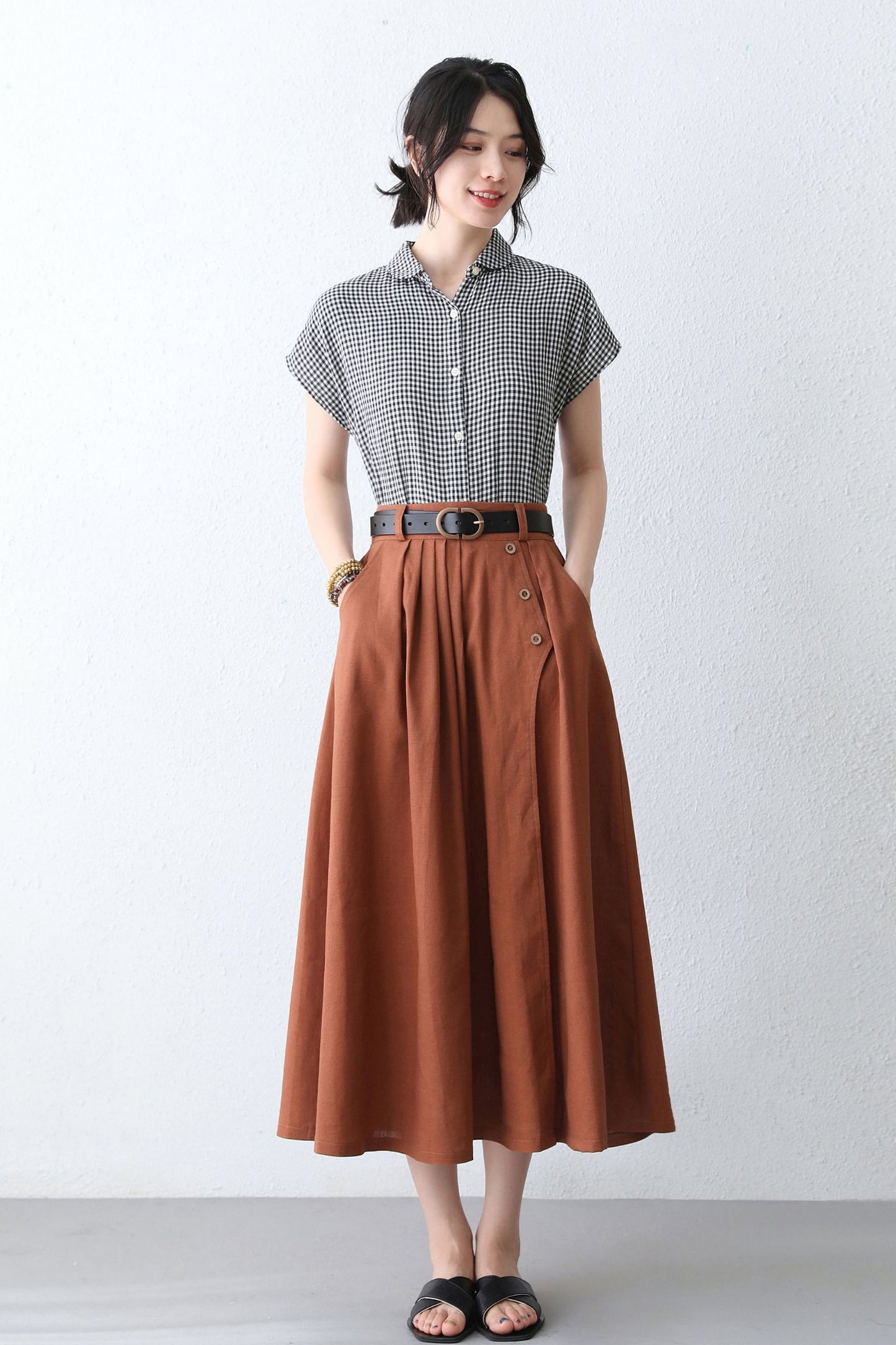 Orange Linen Midi Skirt with Pocket 2887