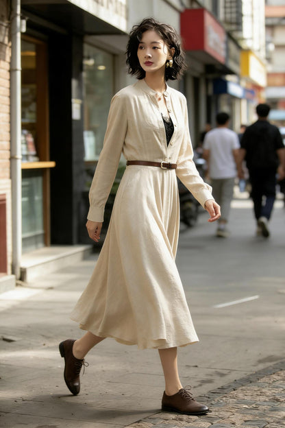 Beige Linen Cotton Midi Dress - Button Front Swing | Xiaolizi 6773