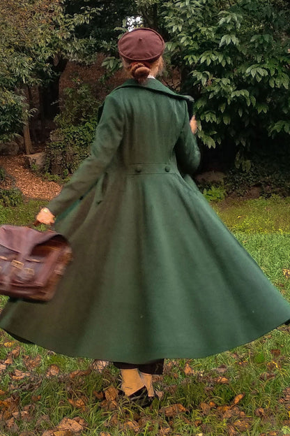 Handmade Dark Green Wool Maxi Coat – Vintage Double Breasted Fit and Flare | Xiaolizi 3221