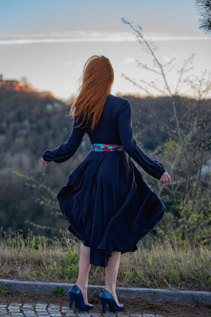 Navy Linen Cotton Midi Dress - Fit and Flare with Lantern Sleeves 5104