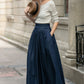 Navy Blue Linen Maxi Pleated Skirt 5688