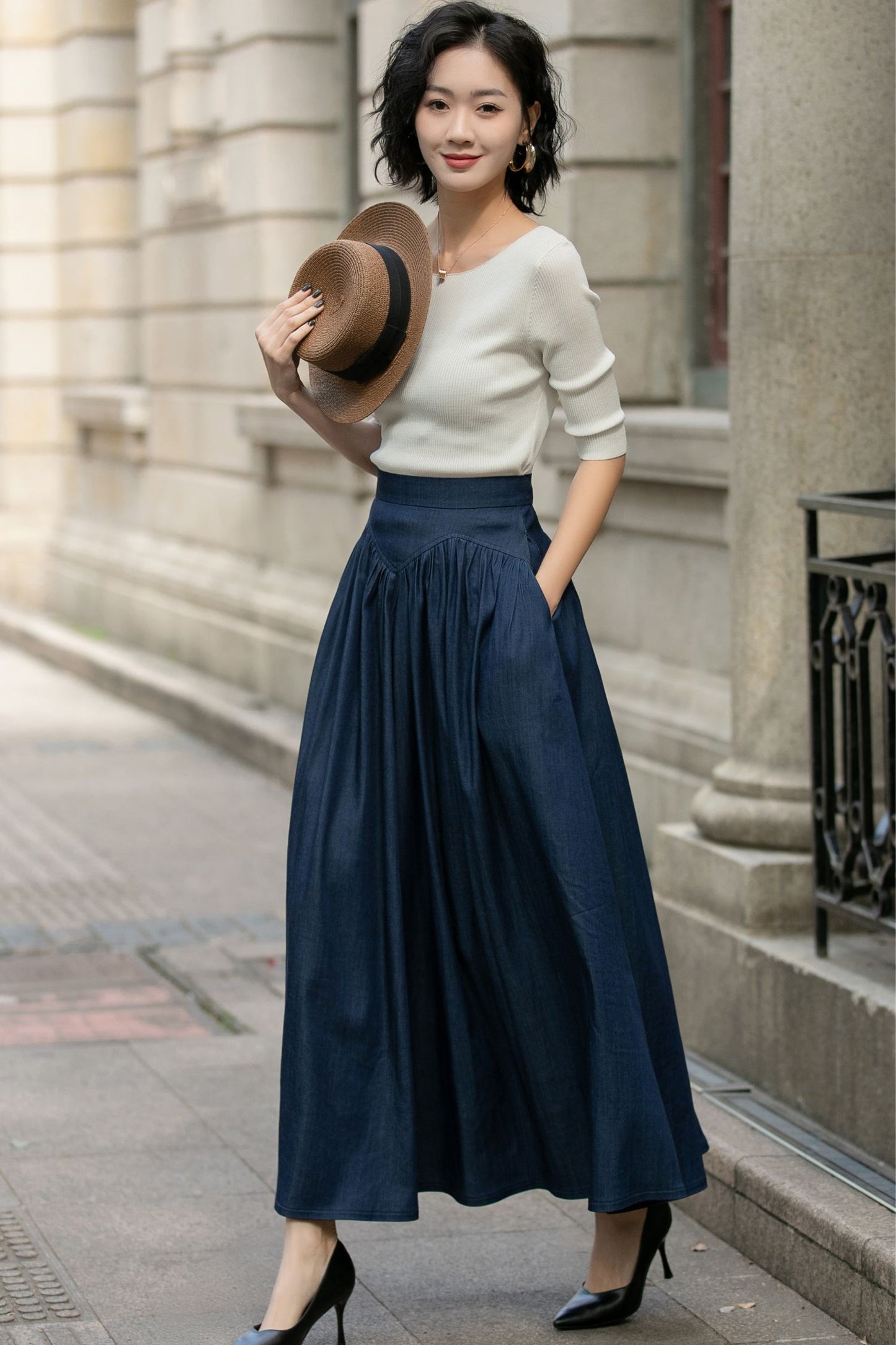 Navy Blue Linen Maxi Pleated Skirt 5688