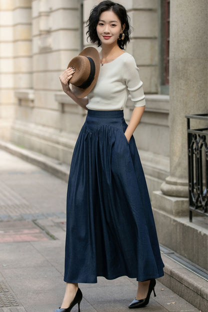 Navy Cotton Maxi Skirt - High Waist Pleated Two Pockets | Xiaolizi 5688