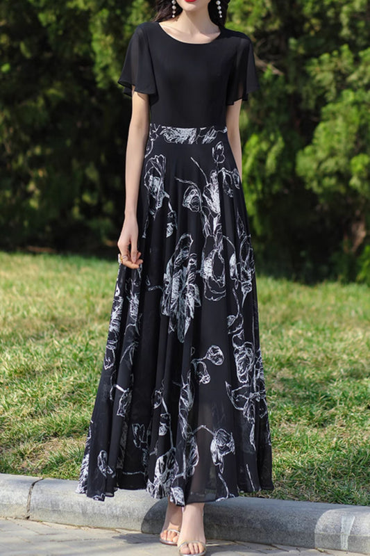 Maxi black and white prom summer chiffon dress 5082