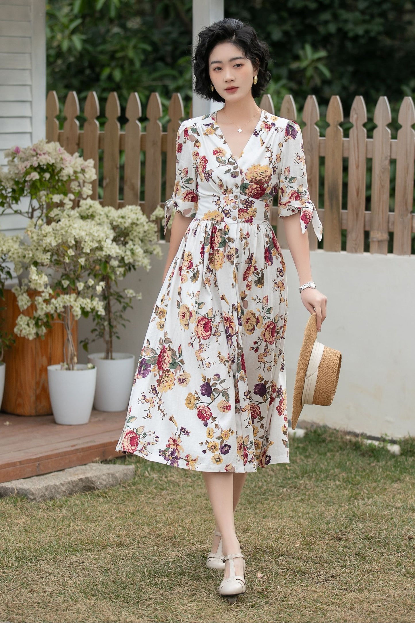 Xiaolizi Floral Linen Midi Dress – Vintage V Neck A-Line 6699