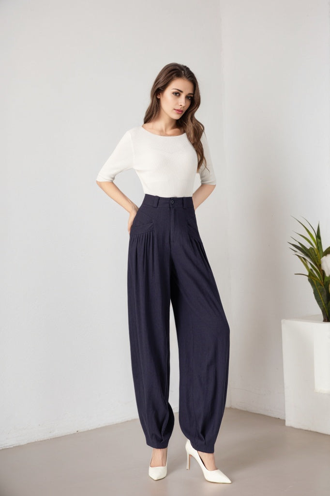 Navy loose fitting wide leg linen pants Handmade by Xiaolizi 5914