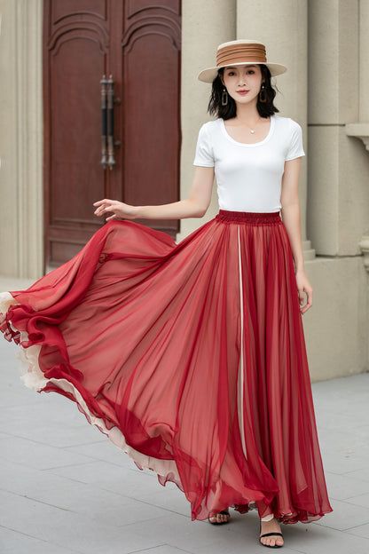 Rust Red Chiffon Maxi Skirt - Swing Elastic Waist | Xiaolizi 5151