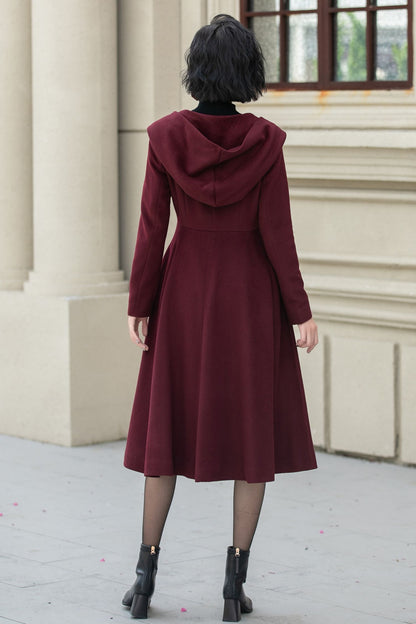Vintage Hooded Wool Coat – Burgundy Handmade Winter Zip Overcoat 5345