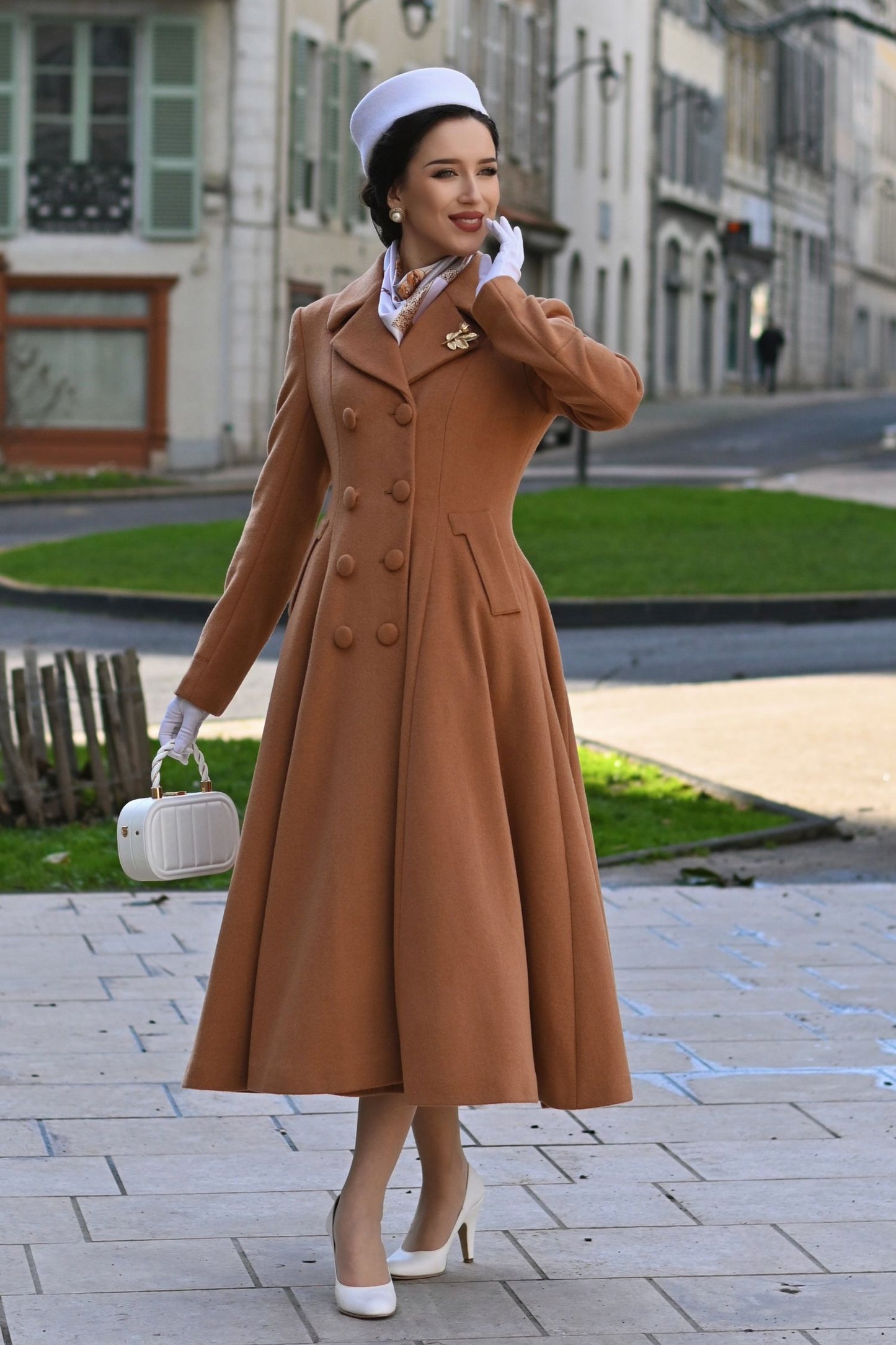 Camel Wool Maxi Coat – Vintage Double Breasted A-Line Winter Overcoat 6682