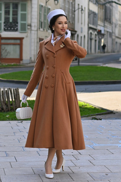 Camel Wool Maxi Coat – Vintage Double Breasted A-Line Winter Overcoat 6682