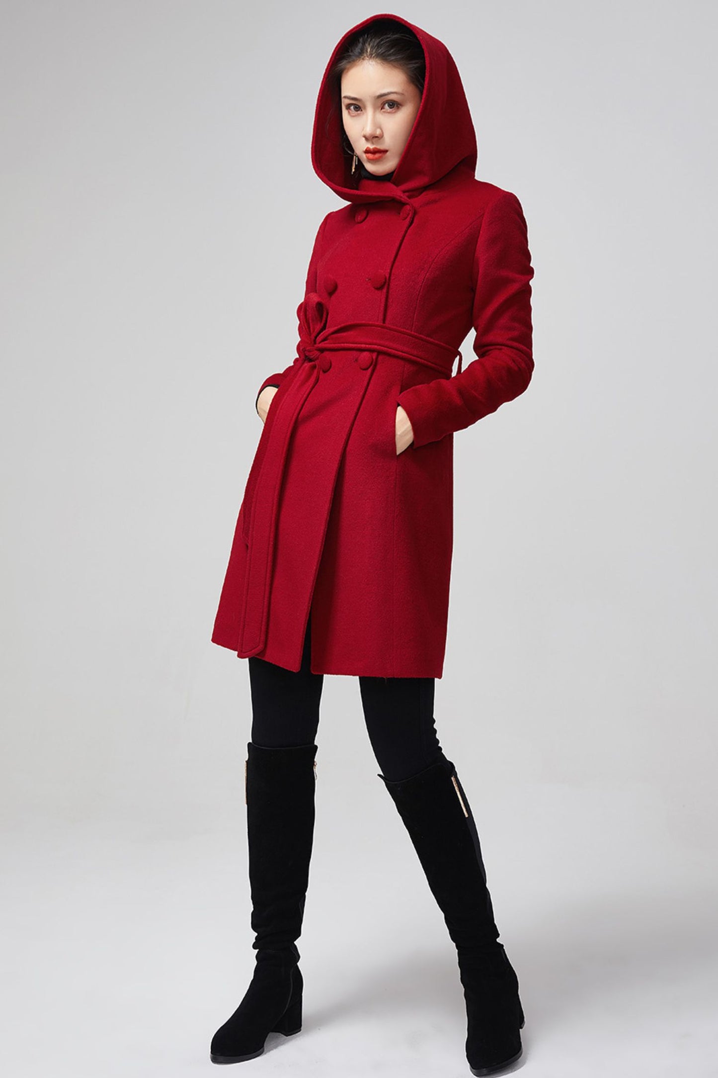 Women's Hooded Wool Coat - Double Breasted Red Winter Coat 5612