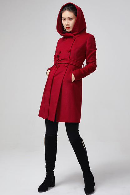 Red Wool Coat - Hooded Double Breasted Tie Waist 5612