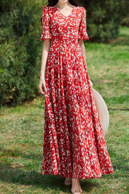 Red Chiffon Maxi Dress - Floral Print with V-Neck and Fitted Waist 5008
