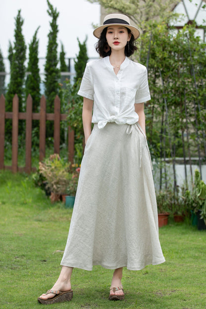 Beige Swing Linen Midi Wrap Skirt 5201
