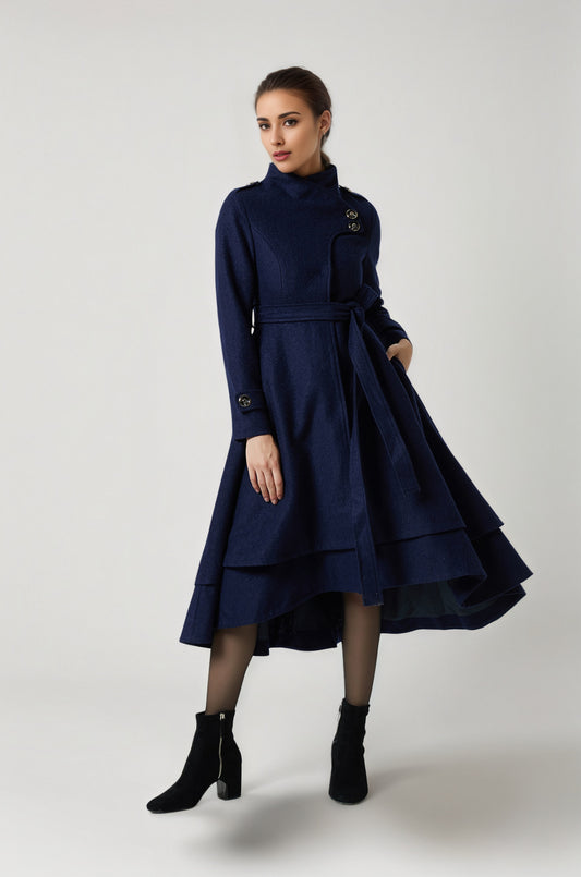 Handmade Navy Blue Wool Coat – Vintage Asymmetrical Hem Belted Winter Overcoat | Xiaolizi 6289