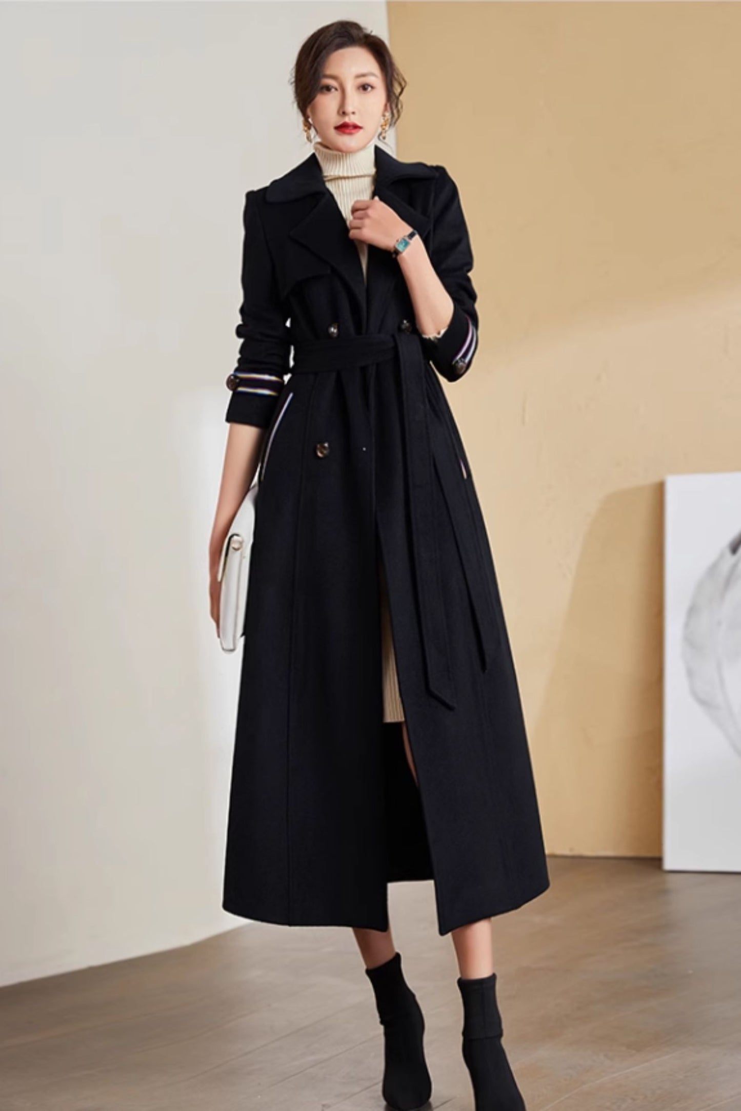 Black long wool warm winter coat 5283