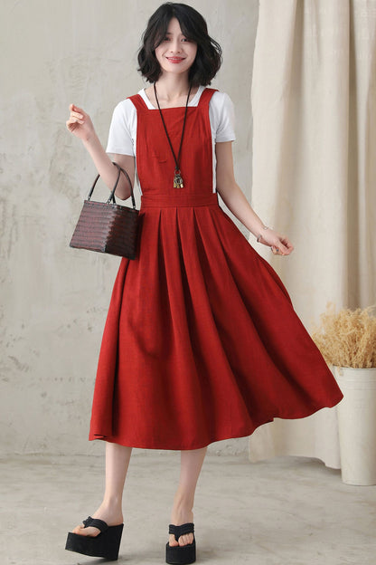 Red Linen Midi Pinafore Dress - Pleated Swing, Square Neckline 2823