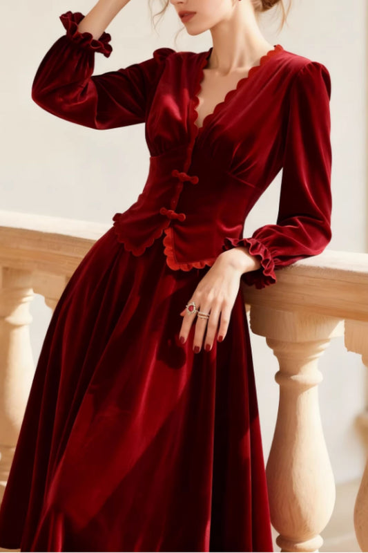 Burgundy Velvet Top and Skirt Set – Vintage Elegant Two Piece Outfit | Xiaolizi 6649