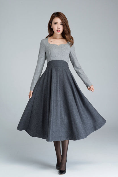 Gray Wool Midi Dress - A-Line Square Neck | Xiaolizi 1615