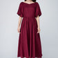 Burgundy midi summer womens linen dress 1573