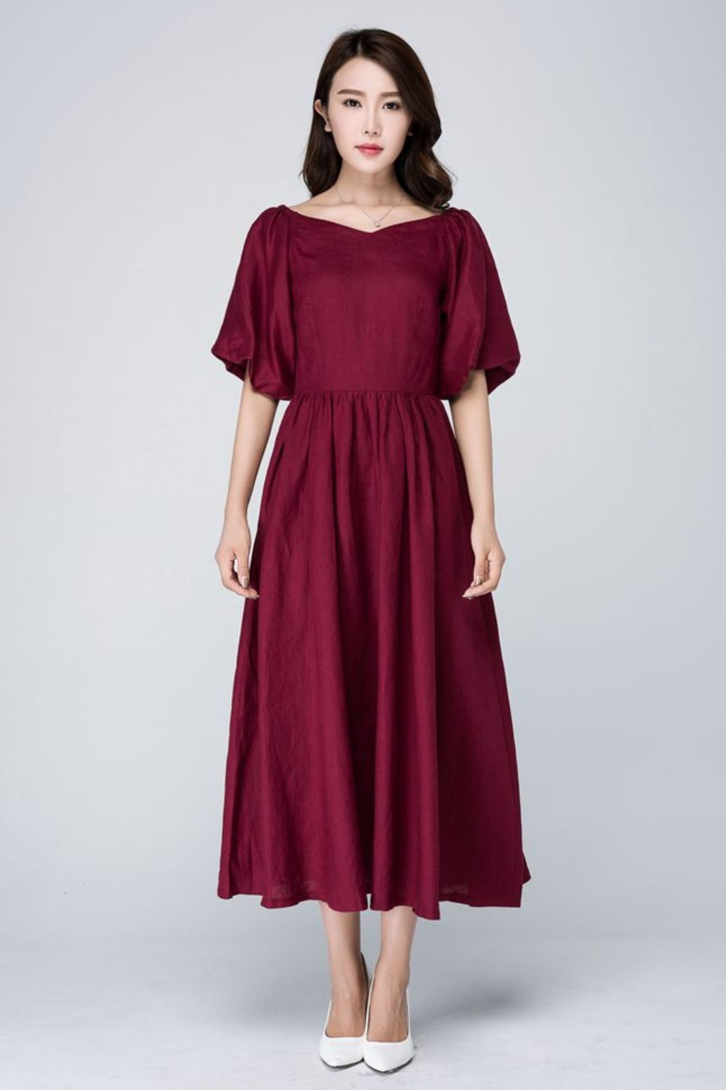 Burgundy midi summer womens linen dress 1573