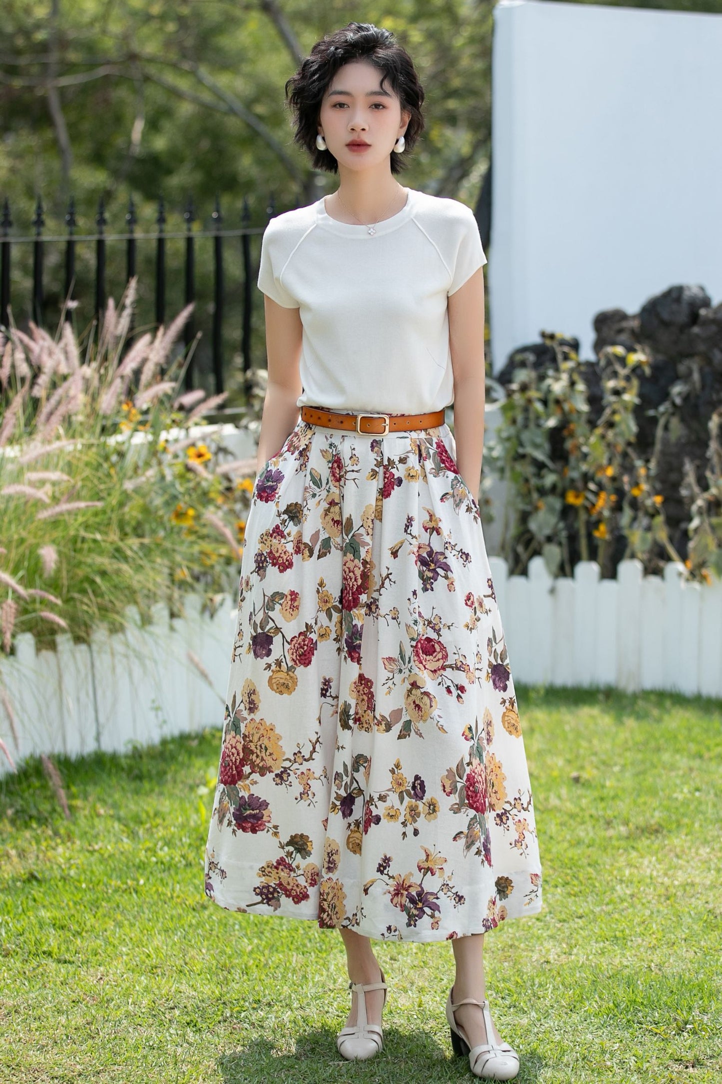 Vintage Floral Linen Cotton Swing Midi Skirt | Xiaolizi 6737