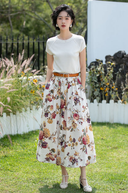 Vintage Floral Linen Cotton Swing Midi Skirt | Xiaolizi 6737