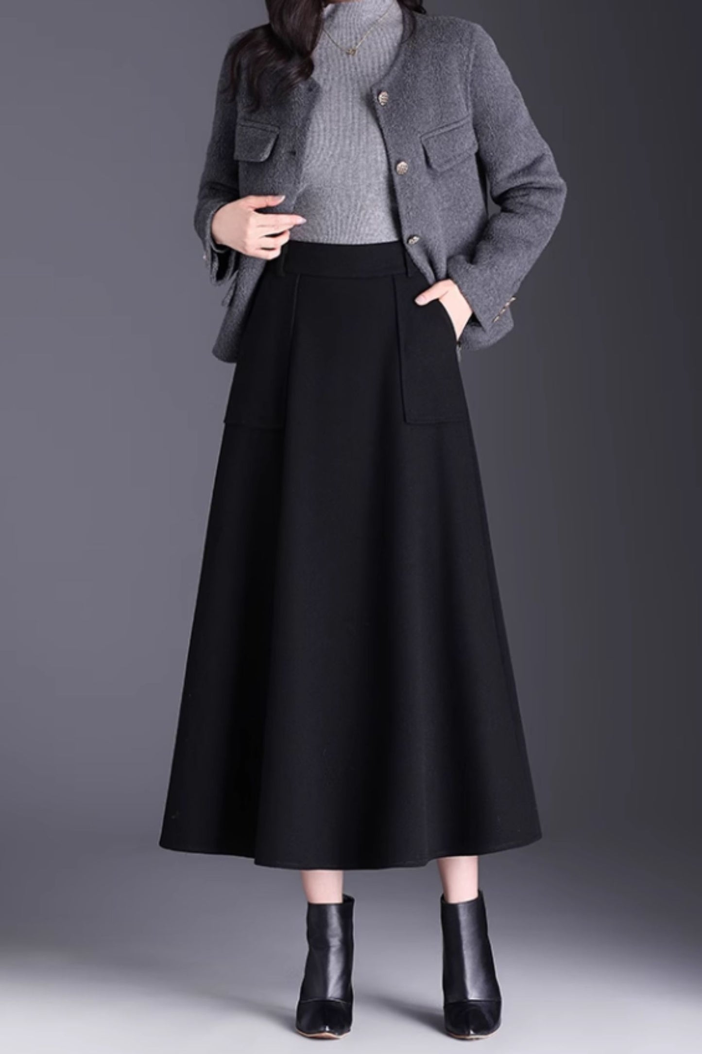 Brown Wool A-Line Midi Skirt with Pockets - Winter Warmth 6141