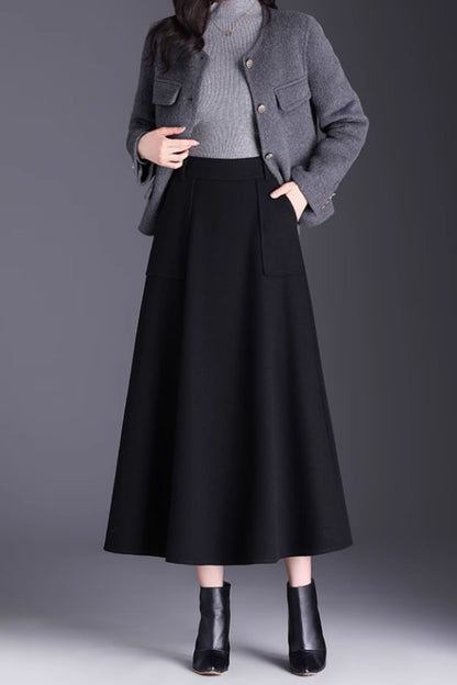 Brown Wool A-Line Midi Skirt with Pockets - Winter Warmth 6141