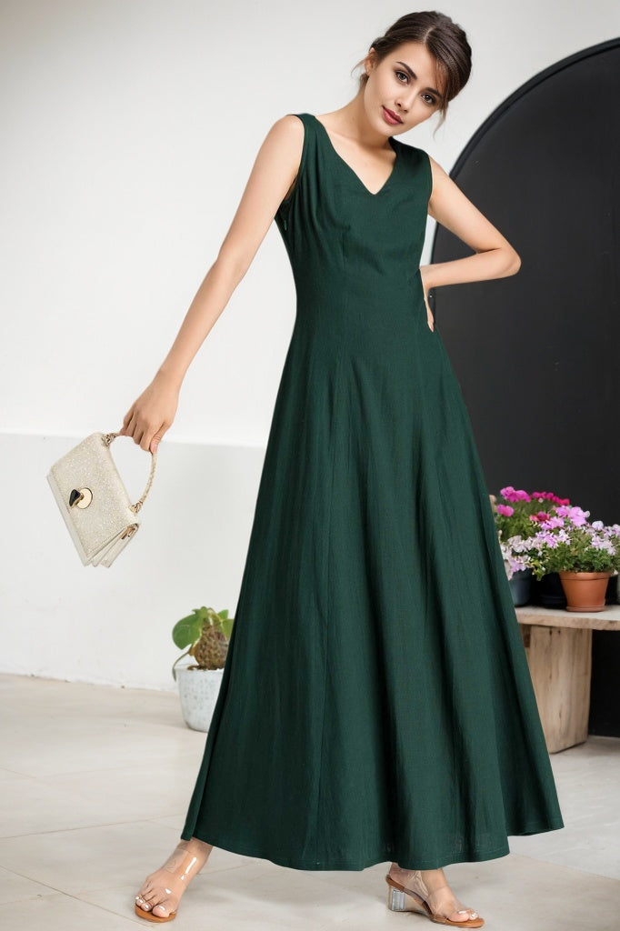 Maxi summer green linen dress women 2361