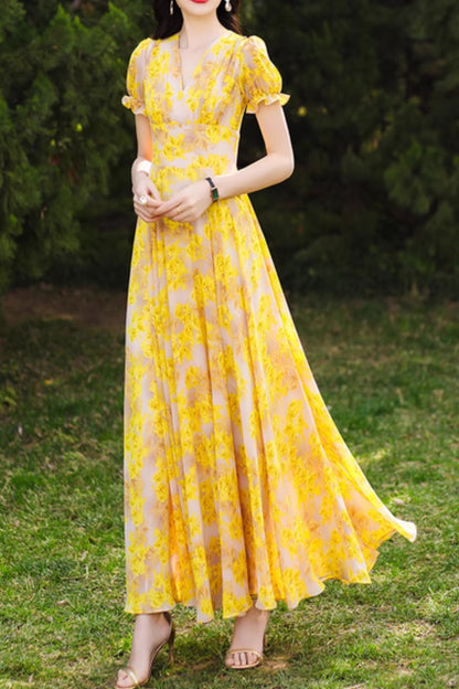 Yellow Floral Chiffon Maxi Dress - Romantic V-Neck, Fitted Waist 5093
