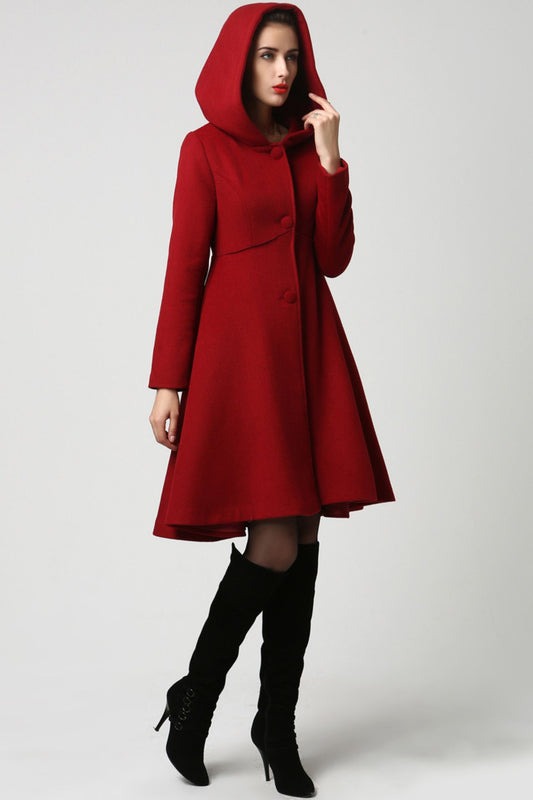 Red wool coat with big hood swing coat 1117