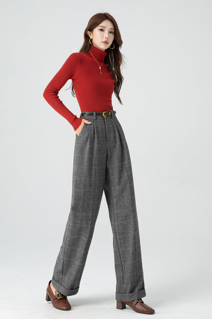 Gray Wool Wide Leg Pants – Vintage High Waist Winter Trousers with Pockets 5320